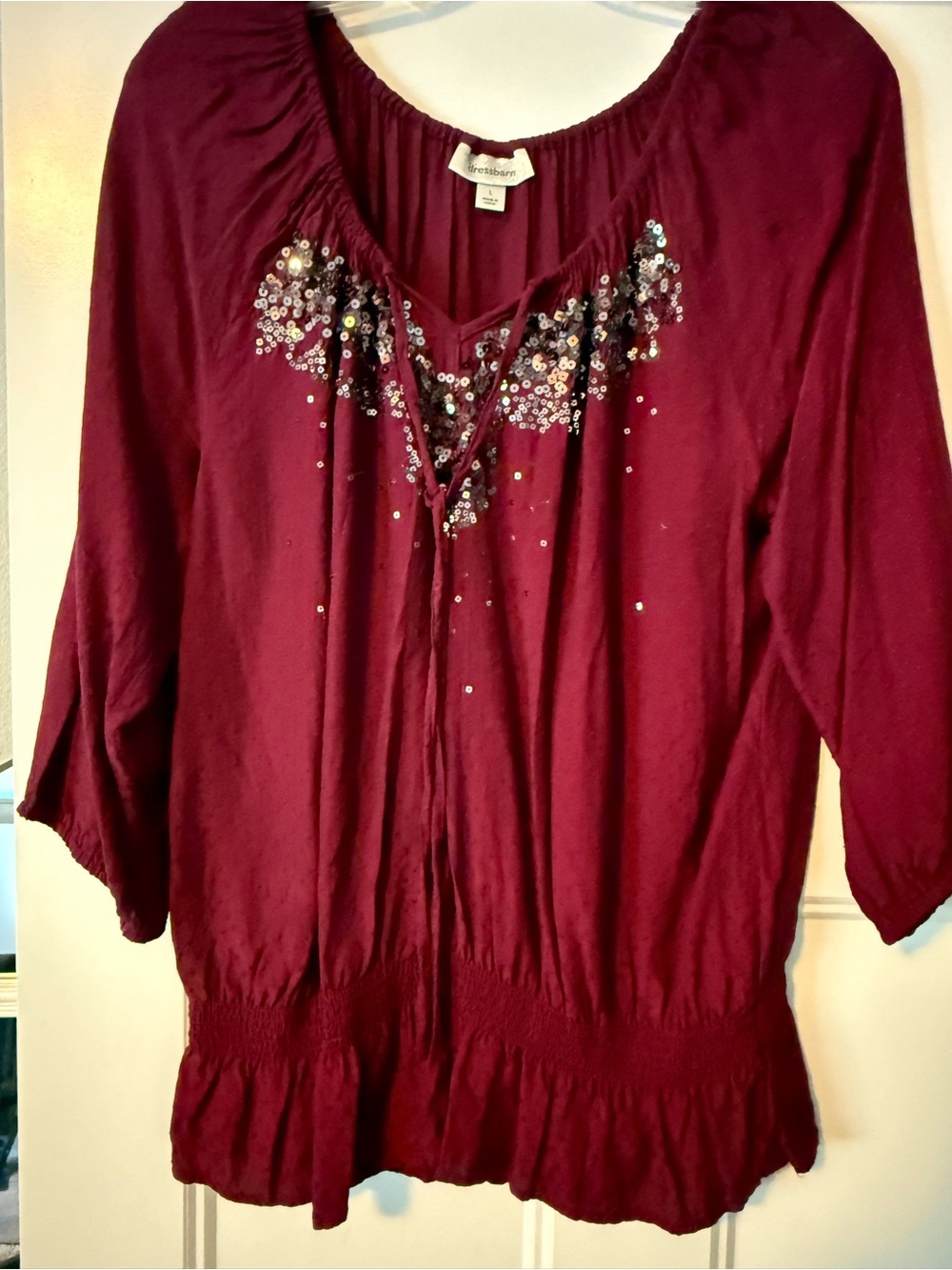 Dressbarn Women’s Sequin Peasant Top - Burgundy